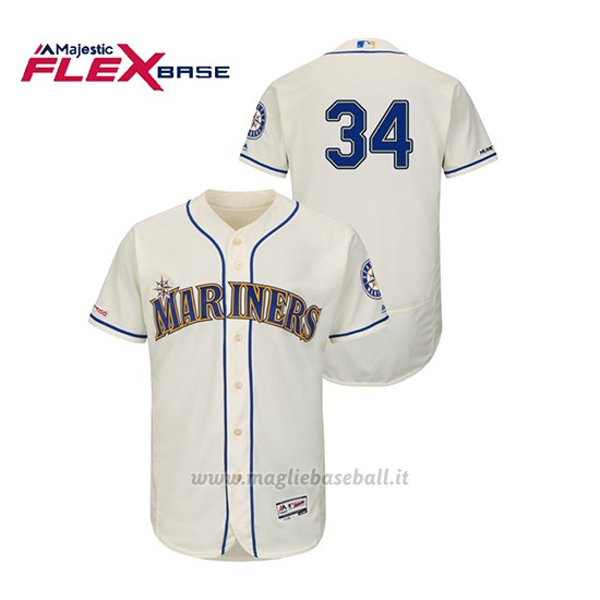 Maglia Baseball Uomo Seattle Mariners Felix Hernandez 150th Aniversario Patch Autentico Flex Base Crema